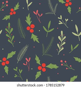 Winter floral pattern. Vector seamless pattern for Christmas, New year with botanical elements. Flat illustration. Decoration for gift wrapping paper, fabric, clothing, textiles, scrapbook.