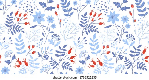 Winter floral pattern with white flowers, red rose hips and different branches with ornate leaves. Elegant seamless botanical texture, repeated background for textile and wrapping paper design