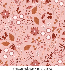 Winter floral in pink background seamless repeat pattern.
