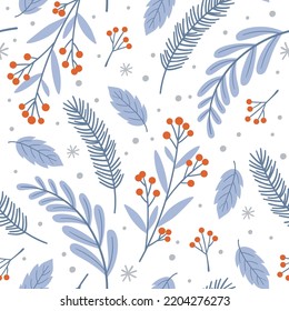 Winter floral plants seamless pattern. Christmas holiday botanical background, fir tree and berries branches and leaves. Racy seasonal fabric print vector template
