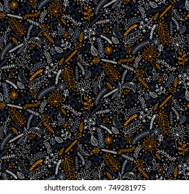 Winter floral seamless pattern. Abstract background with branches, holly and berries. Wallpaper, backdrop, texture.