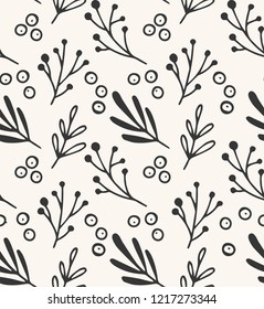 Winter floral seamless pattern. Christmas doodle vector illustration. Leaves, branches, berries. 