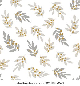 Patrón invernal sin fisuras florales. Ilustración vectorial del doodle de Navidad. Hojas, ramas, bayas. 