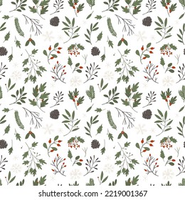 Winter floral seamless pattern with forest branches, holly leaves, mistletoe berries, pine cons, snow. Perfect for Christmas, New year holidays wrapping paper. Botanical vector flat cartoon style