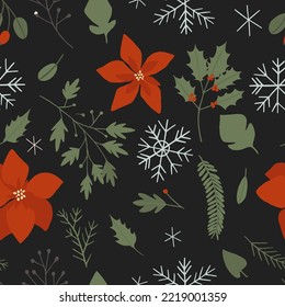 Winter floral seamless pattern with red poinsettia flowers, holly leaves, mistletoe berries ditsy. Perfect for Christmas, New year holidays wrapping paper. Repeat swatch. Vector flat cartoon style 