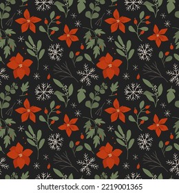 Winter floral seamless pattern with red poinsettia flowers, holly leaves, mistletoe berries ditsy. Perfect for Christmas, New year holidays wrapping paper. Repeat swatch. Vector flat cartoon style 