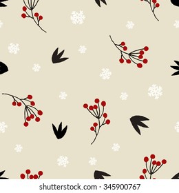 Winter floral seamless pattern with red berries, snowflakes, branches and leaves in beige, red, black and white.