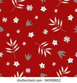 Winter floral seamless pattern with white poinsettia, snowflakes, branches and leaves in white, red, gray and beige.