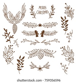 Winter floral sketch template with tree twigs cones holly berry on light background vector illustration