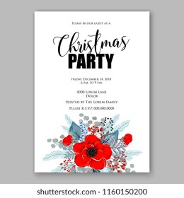 Winter Floral vector background for christmas wedding bridal shower baby shower christening invitation greeting card Poinsettia anemone flower fir evergreen branch wreath