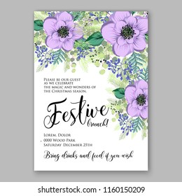 Winter Floral vector background for christmas wedding bridal shower baby shower christening invitation greeting card Poinsettia anemone flower fir evergreen branch wreath