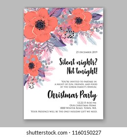 Winter Floral vector background for christmas wedding bridal shower baby shower christening invitation greeting card Poinsettia anemone flower fir evergreen branch wreath