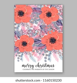 Winter Floral vector background for christmas wedding bridal shower baby shower christening invitation greeting card Poinsettia anemone flower fir evergreen branch wreath