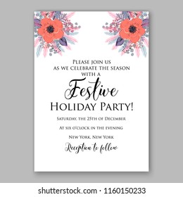 Winter Floral vector background for christmas wedding bridal shower baby shower christening invitation greeting card Poinsettia anemone flower fir evergreen branch wreath