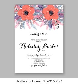 Winter Floral vector background for christmas wedding bridal shower baby shower christening invitation greeting card Poinsettia anemone flower fir evergreen branch wreath