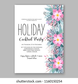 Winter Floral vector background for christmas wedding bridal shower baby shower christening invitation greeting card Poinsettia anemone flower fir evergreen branch wreath