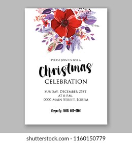 Winter Floral vector background for christmas wedding bridal shower baby shower christening invitation greeting card Poinsettia anemone flower fir evergreen branch wreath