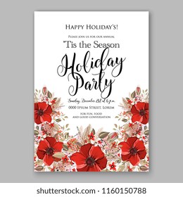 Winter Floral vector background for christmas wedding bridal shower baby shower christening invitation greeting card Poinsettia anemone flower fir evergreen branch wreath