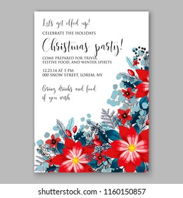 Winter Floral vector background for christmas wedding bridal shower baby shower christening invitation greeting card Poinsettia anemone flower fir evergreen branch wreath