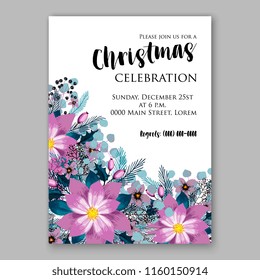 Winter Floral vector background for christmas wedding bridal shower baby shower christening invitation greeting card Poinsettia anemone flower fir evergreen branch wreath