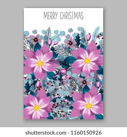 Winter Floral vector background for christmas wedding bridal shower baby shower christening invitation greeting card Poinsettia anemone flower fir evergreen branch wreath