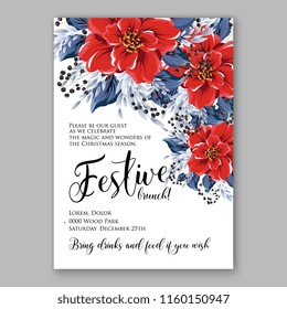 Winter Floral vector background for christmas wedding bridal shower baby shower christening invitation greeting card Poinsettia anemone flower fir evergreen branch wreath