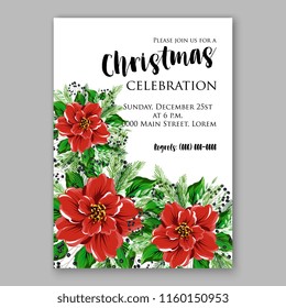 Winter Floral vector background for christmas wedding bridal shower baby shower christening invitation greeting card Poinsettia anemone flower fir evergreen branch wreath