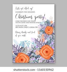 Winter Floral vector background for christmas wedding bridal shower baby shower christening invitation greeting card Poinsettia anemone flower fir evergreen branch wreath