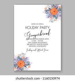 Winter Floral vector background for christmas wedding bridal shower baby shower christening invitation greeting card Poinsettia anemone flower fir evergreen branch wreath