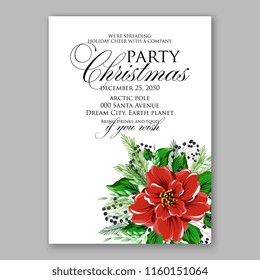Winter Floral vector background for christmas wedding bridal shower baby shower christening invitation greeting card Poinsettia anemone flower fir evergreen branch wreath