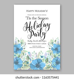 Winter floral vector background for Christmas party invitation wedding invitation card baby shower bridal shower blue Anemone Poppy and fir winter wreath