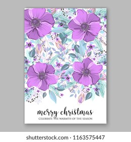 Winter floral vector background for Christmas party invitation wedding invitation card baby shower bridal shower violet Anemone Poppy and fir winter wreath