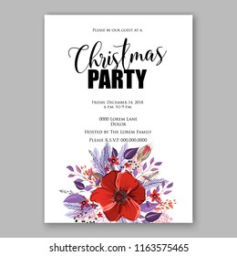 Winter floral vector background for Christmas party invitation wedding invitation card baby shower bridal shower Anemone Red Poppy and fir winter wreath