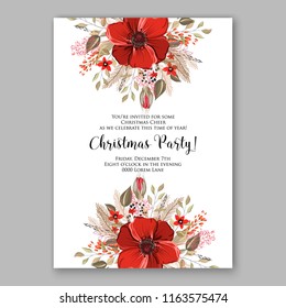 Winter floral vector background for Christmas party invitation wedding invitation card baby shower bridal shower Anemone Red Poppy and fir winter wreath