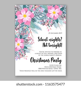 Winter floral vector background for Christmas party invitation wedding invitation card baby shower bridal shower pink Anemone Poppy and fir winter wreath