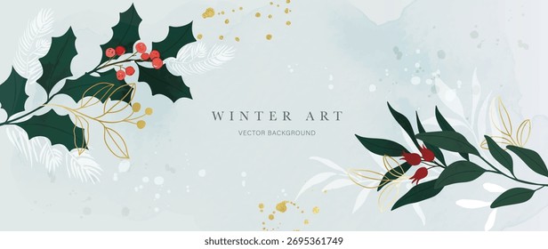 Winter floral vector background with holly leaves, berries and soft snow, refined seasonal frame for invitations and greeting cards