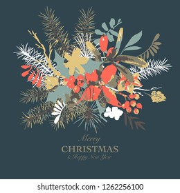 Winter floral vector greeting card with branches of holly, flowers and berries. Natural hand painted illustration on white background, New Year decoration