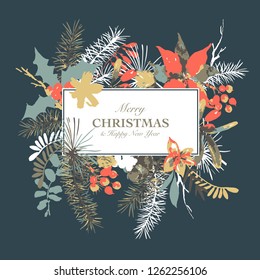 Winter floral vector greeting card with branches of holly, flowers and berries. Natural hand painted illustration on white background, New Year decoration