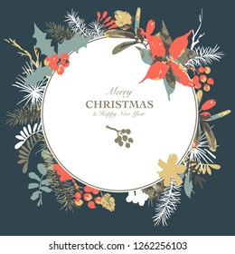 Winter floral vector round frame with holly, flowers and berries. Natural hand painted illustration on white background, New Year decoration