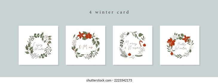 Winter floral wreath poster set with red poinsettia flowers, holly leaves, mistletoe berries. Perfect for Merry Christmas, Happy New year holidays greeting card. Isolated vector flat cartoon style 