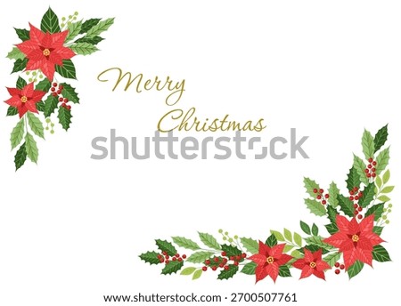 Winter flower arrangement. Winter decorative frame with poinsettia, holly and red berry. 