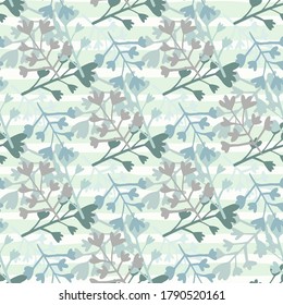 Winter flower branch ornament seamless pattern. Blue tone elements on white background. Creative floral artwork. Great for wrapping paper, textile, fabric print and wallpaper. Vector illustration.