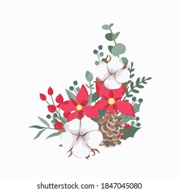 
Winter flower composition with cotton flowers, poinsettia, eucalyptus, branch of berries, pine cone and winter greenery. Christmas decoration. Design for card, invitation