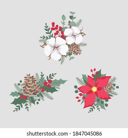 
Winter flower composition with cotton flowers, poinsettia, eucalyptus, branch of berries, pine cone and winter greenery. Christmas decoration. Design for card, invitation