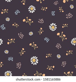 Winter Flower Daisy Motif on Dark Brown Background. Naive Ditsies Floral Petal Marguarite . Seamless Pattern with  Delicate Gypsophila Stem. Hand Drawn Textile Tile Repeat Illustration. Vector EPS 10