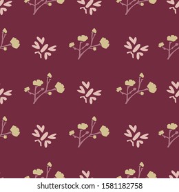 Winter Flower Daisy Motif on Dark Red Background. Naive Ditsies Floral Petal Marguarite . Seamless Pattern with Delicate Gypsophila Stem. Hand Drawn Vintage Tile Repeat Illustration. Vector EPS 10