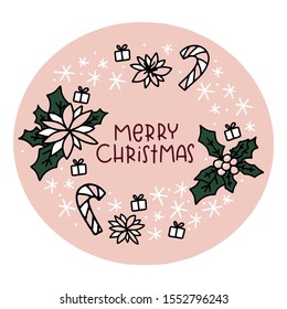 Winter flower frame, candy cane clipart and Merry Christmas greeting to make last minute gift. Iron on, sticker, label, tag design. 