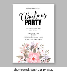 Winter flower pink poinsettia fir branches Christmas Party Invitation Holiday celebration card template vector floral illustration
