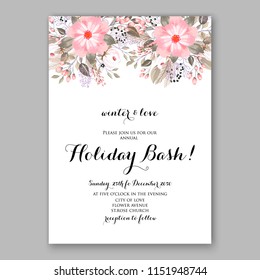 Winter flower pink poinsettia fir branches Christmas Party Invitation Holiday celebration card template vector floral illustration