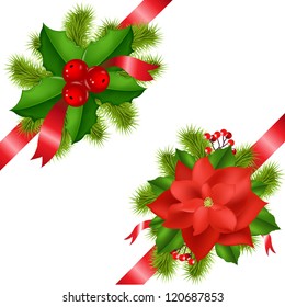 Winter Flower With Ribbons Isolated On White Background With Gradient Mesh, Vector Illustration